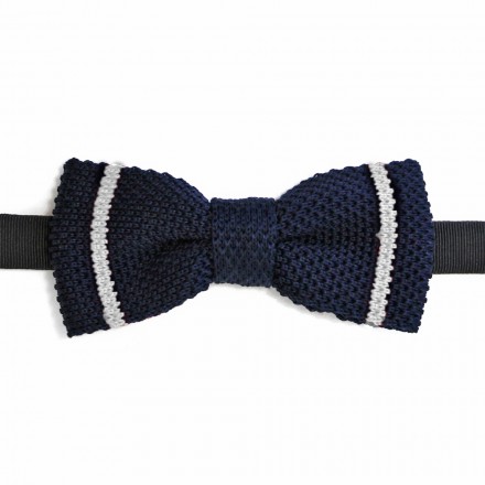 navy knitted bow tie with whote stripes